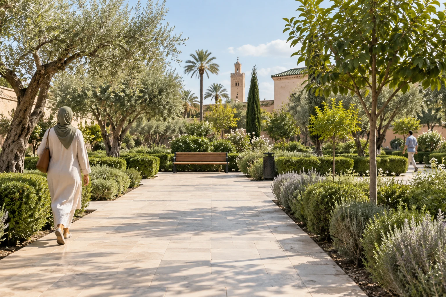 Scène de jardin avec un banc au centre et des passants sur les côtés