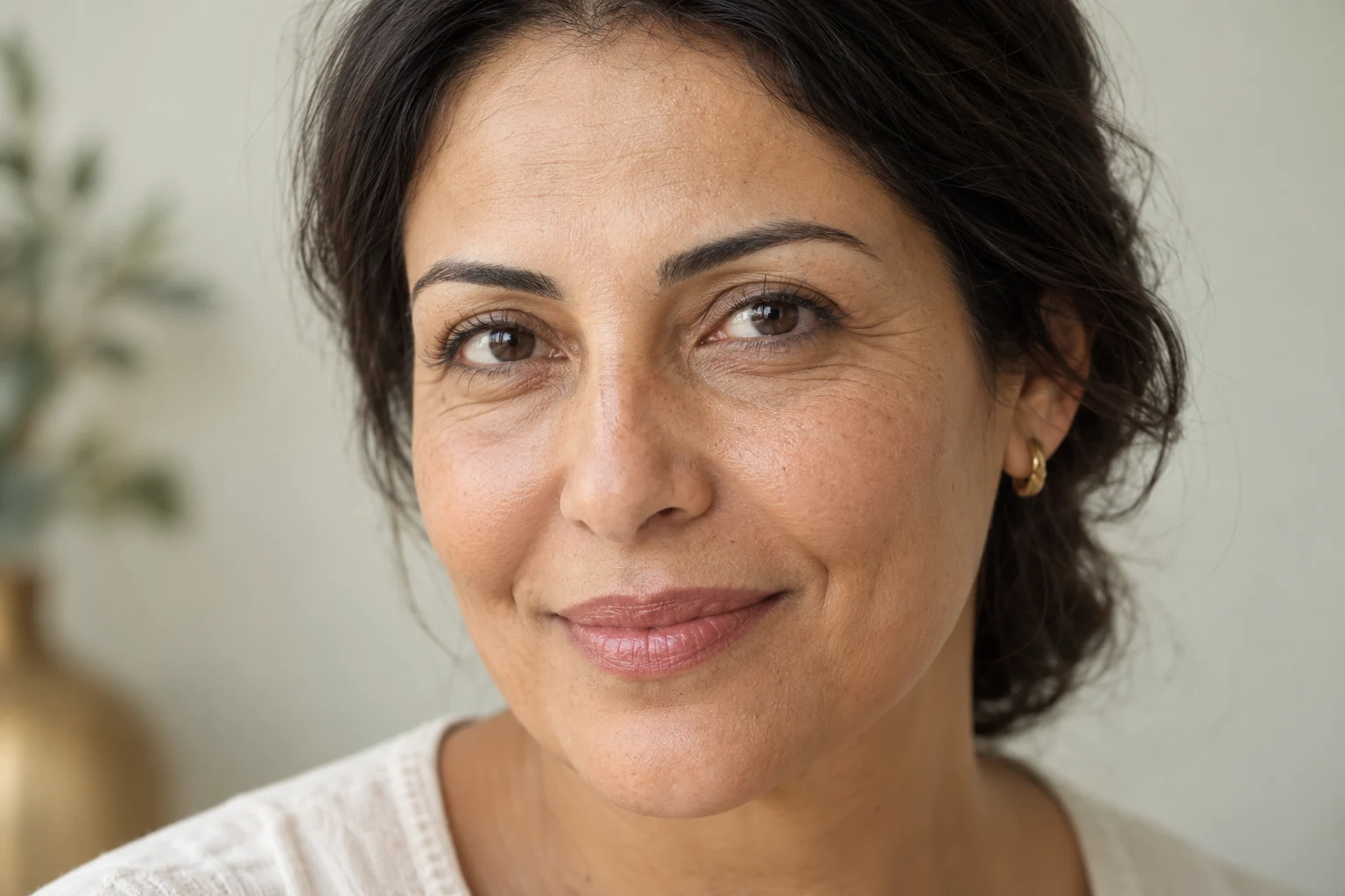 Portrait d’une femme au regard naturel, avec les détails du contour des yeux