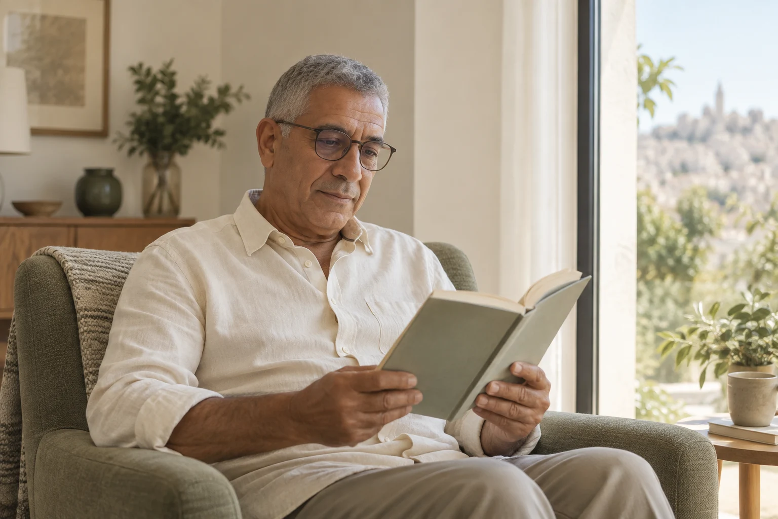 Homme portant des lunettes et lisant un livre près d’une fenêtre