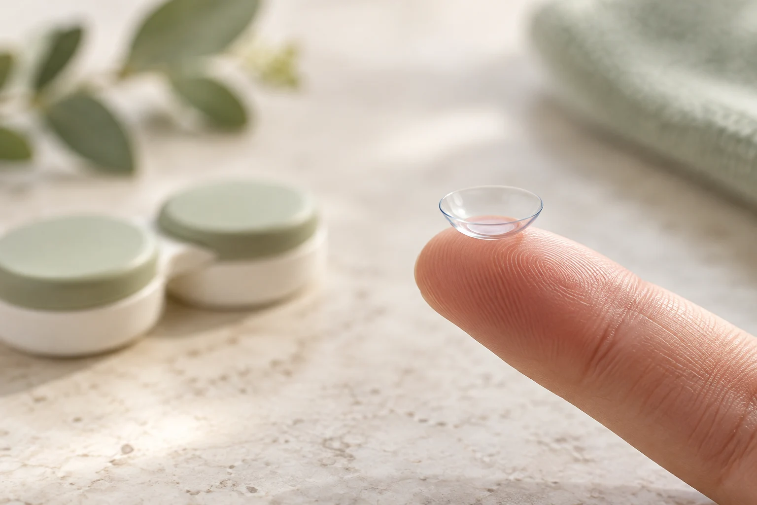 Illustration d’une lentille de contact transparente sur le bout d’un doigt