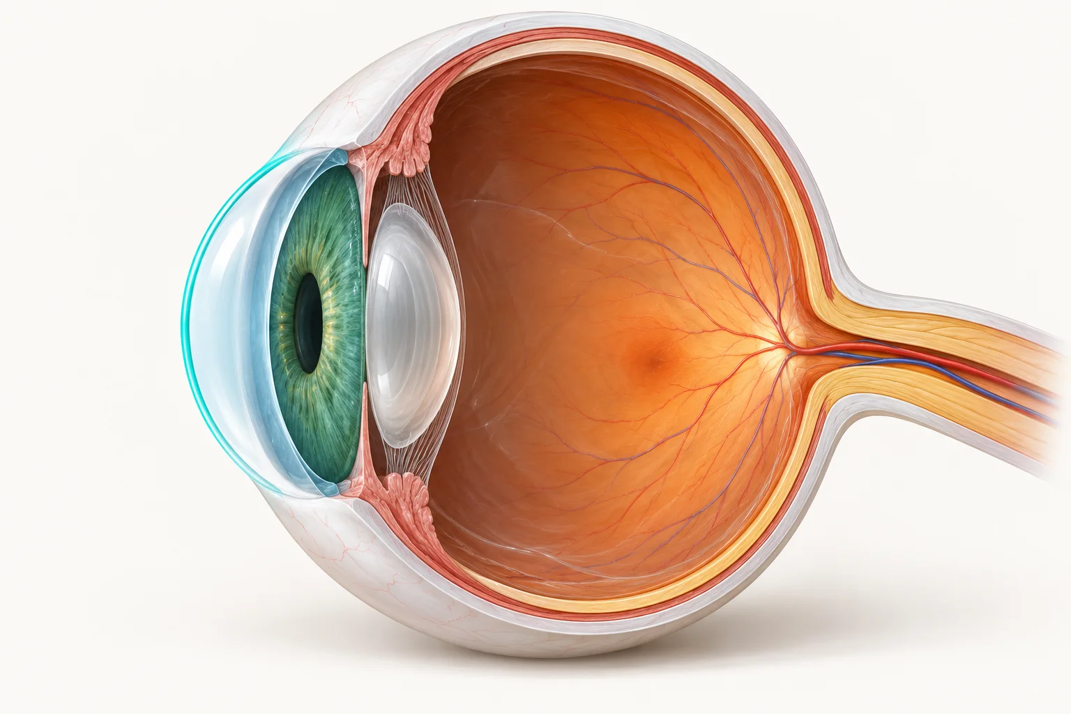 Vue en coupe de l’œil : cornée transparente à l’avant, soulignée en turquoise, devant l’iris et le cristallin